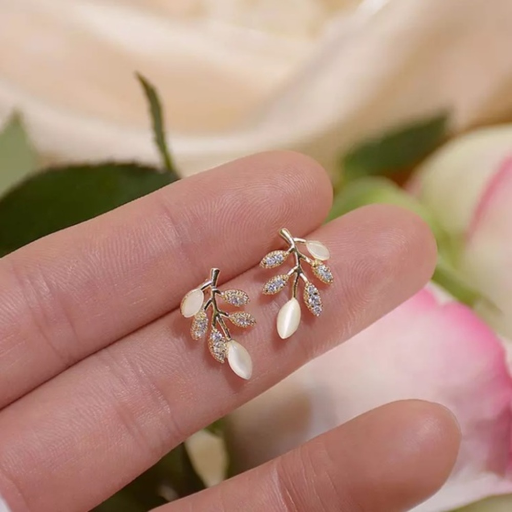 14K Gold Plated Diamond Stud Opal Earrings